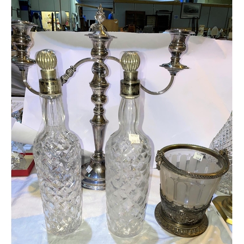 599a - A Georgian style 3 branch candelabra; a pair of Victorian cut glass 'Port' and 'Sherry' decanters an... 