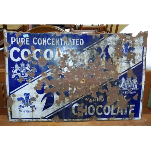 110 - A Fry's Pure Cocoa and Chocolate tin plate enamel advertising sign in blue (heavily rusted with area... 
