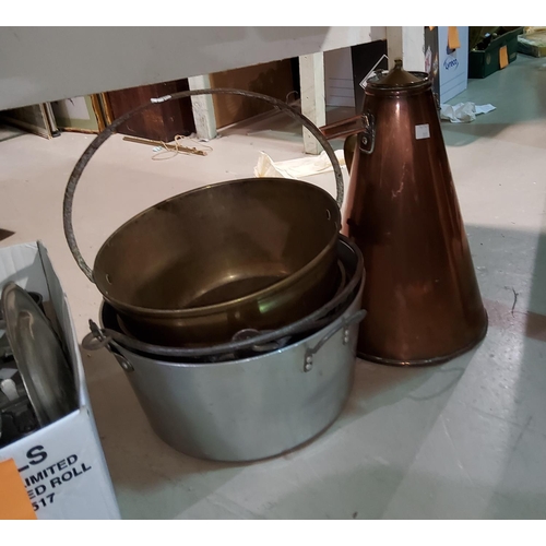 111 - Two brass jampans; an aluminium jampan; a copper conical flask etc