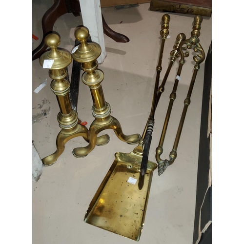 113 - A pair of 19th century brass and steel fire dogs; a set of 3  19th century brass fire irons