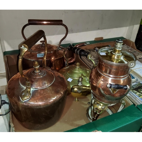 136 - Two 19th century copper kettles; a brass kettle and a samovar