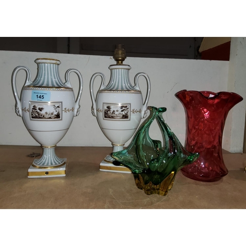 145 - A pair of classical vase style porcelain vases / table lamp bases; 2 1950's coloured glass vases