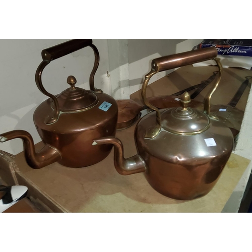 146 - Two 19th century copper kettles and 3 chestnut roasters