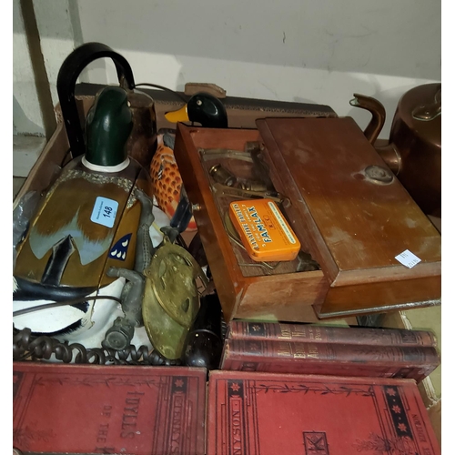 148 - Two decoy duck telephones; a scientific balance scale, metal ware and bric a brac