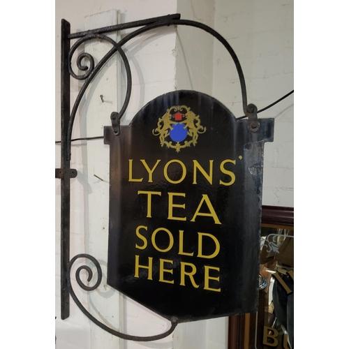 159 - A LYONS TEA enamelled sign on original wrought iron bracket (double sided)