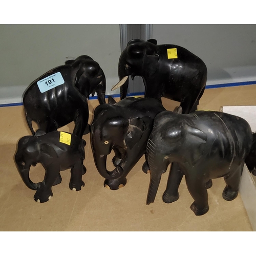 191 - Five various African carved hardwood elephants largest 15cm (tusks missing)