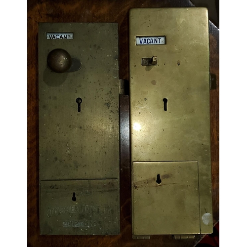 193D - Two early 20th century brass lavatory locks, with enamel
message signs, one Lockerbie and Wilkinson ... 