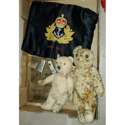 193E - Two early 20th century teddy bears, a Royal Navel tea cosy
etc