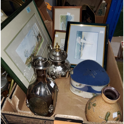 22 - A box of watercolours; Royal Worcester ramekin dishes; a plated teapot and milk jug; a claret jug; a... 