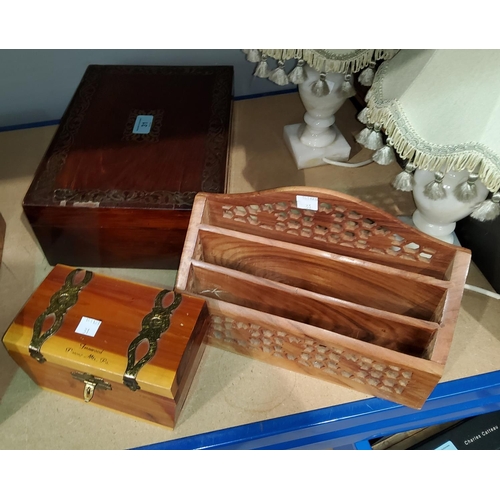 31 - A 19th century mahogany jewellery box with fretted brass inlay; a letter rack; a 'Fernwood' box