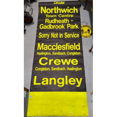 46 - A fluorescent rolling bus destination roller for mid-Cheshire, Macclesfield etc