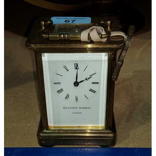 67 - A 20th century brass carriage clock with 8 day timepiece movement, Matthew Norman, London, 11 cm