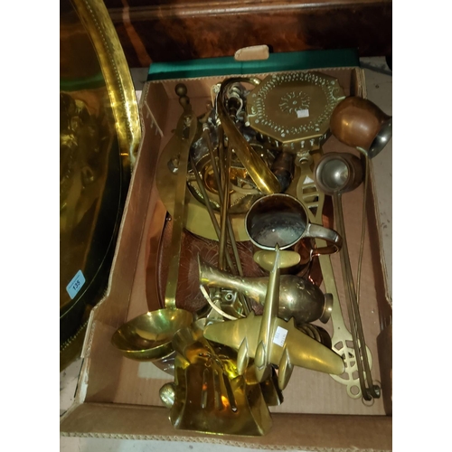 135 - A large brass tray; brass fire irons and brass items and metalware