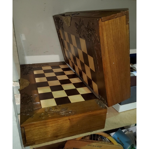156 - a pair of cream framed wall mirrors; a folding chess board and reproduction chess set and a large fa... 
