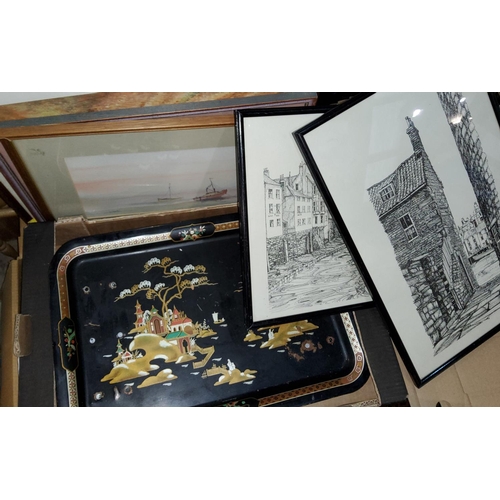 193 - A tin bed tray with oriental design to the front; a selection of pictures and prints
