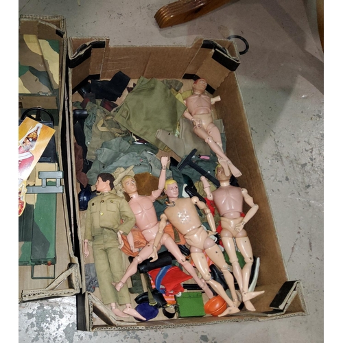 217 - Three vintage Palitoy Action Men, two others with missing arms, a jeep and a large selection of clot... 