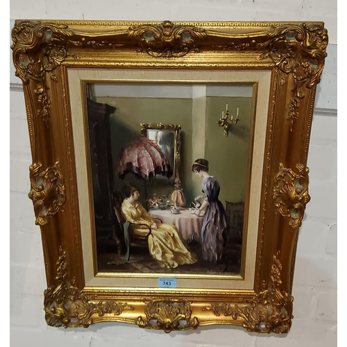 743 - Salamon Gyorgy:  oil on board, period salon interior with figures, signed, 40 x 30 cm, gilt framed