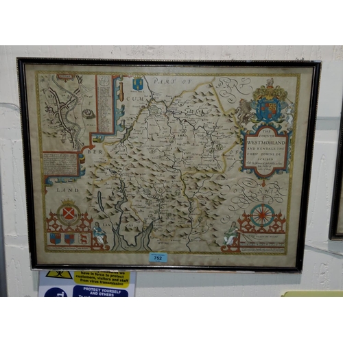 752 - John Speed:  map of the Countie of Westmorland, some damp staining, later colouring, 385 x 525 mm, f... 