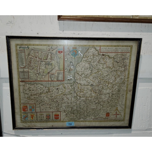 753 - John Speed:  map of Somersetshire, some damp staining, later colouring, 385 x 515 mm, framed