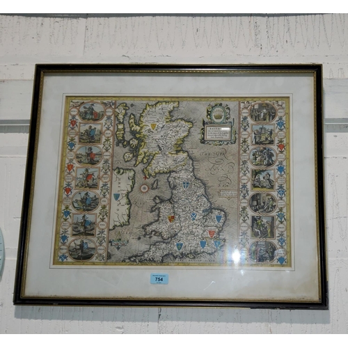 754 - John Speed:  map of Britain in Saxon times, later hand colouring, 380 x 510 mm, framed; another map,... 
