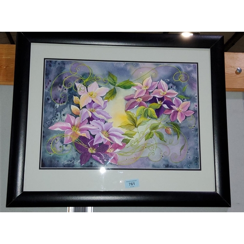 761 - Muriel Clarke; 'Clematis' water colour , signed in lower left, framed and glazed, 29cm x 41cm
