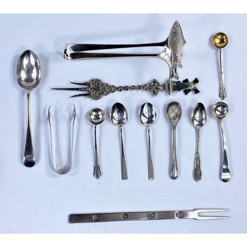 652 - Hallmarked silver salt spoons; a hallmarked silver modernist pickle fork; a Dutch style fork; a silv... 
