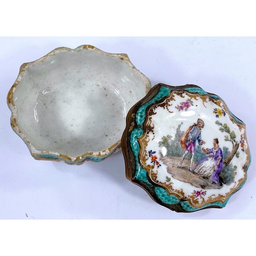 474 - A late Meissen shaped oval trinket box with ormolu mounts depicting an 18th century bower scene, cro... 