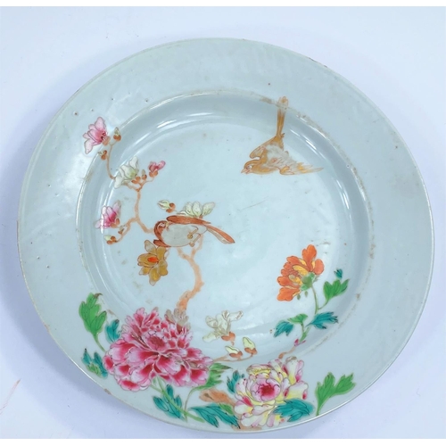 404 - A 19th century Chinese famille rose dish decorated with flowers, a bird on branch and one in flight,... 
