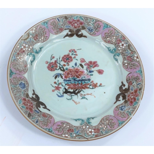 405 - A 19th century Chinese famille rose plated decorated with flowers etc, d. 22.5cm