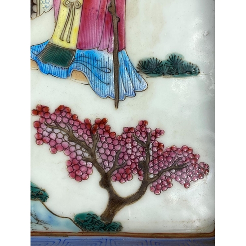 445 - A Chinese ceramic polychrome rectangular tray decorated
with fruit picking scene, blue borders with ... 