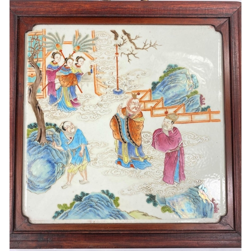 431 - A Chinese ceramic polychrome decorated tile/plaque in
stained wood frame with brass handle depicting... 