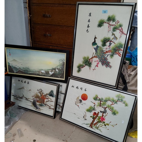 164 - 5 Japanese embroidered silk pictures framed and glazed and other framed prints