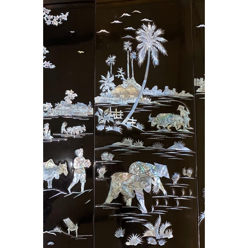 407 - A set of four Japanese lacquered panels,  with mother of pearl inlaid country scenes.