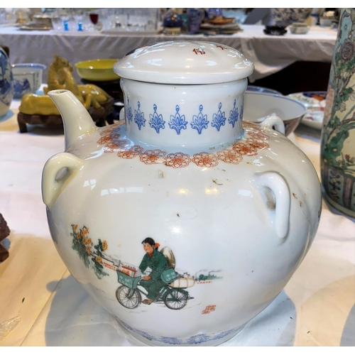 440 - A Chinese Republic period very large tea pot, with transfer
decoration of Chinese text, other decora... 