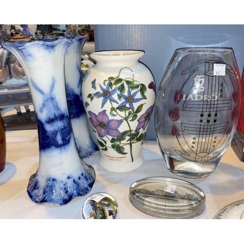 467 - A Portmeirion baluster vase and a Charles Rennie Mackintosh vase and two miniature glass paperweight... 
