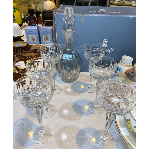 474a - 6 cut glass hock glasses & matching decanter.