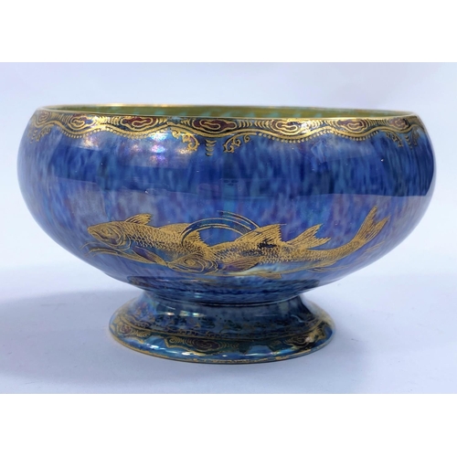 485 - A Wedgwood lustre circular pedestal bowl decorated with fish against a blue mottled ground, Z 4920, ... 