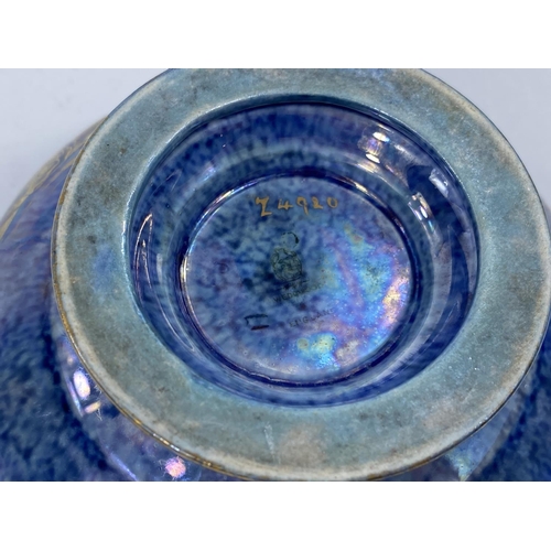 485 - A Wedgwood lustre circular pedestal bowl decorated with fish against a blue mottled ground, Z 4920, ... 