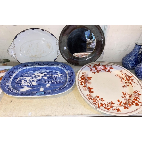 488 - A large Victorian Willow pattern meat plate and other blue and white and decorative plates