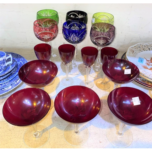 491 - A set of 6 coloured overlaid hock glasses