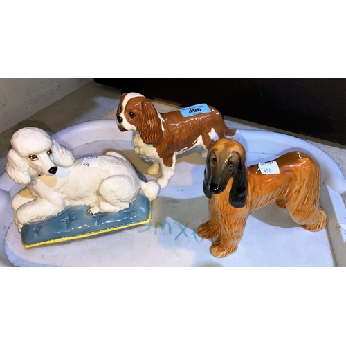 496 - Three Beswick dogs, Afghan Hound 2285, King Charles Spaniel 2107 and Poodle on Cushion 2985
