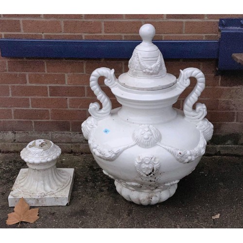 475A - A classical style, very large, pottery lidded pot on stand with white glaze, double handles and sway... 