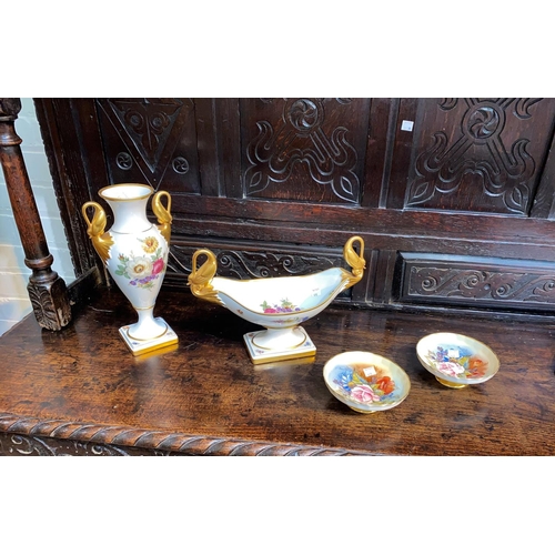 498 - A Bavarian porcelain loop handled boat shaped comport, 33cm wide and other china