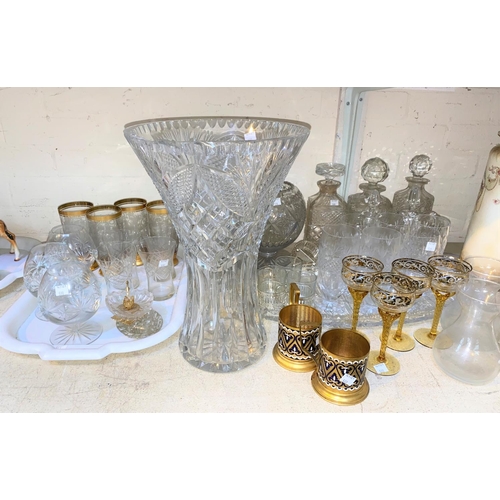 500 - A large cut glass waisted vase, 36cm (chips) and other cut glass