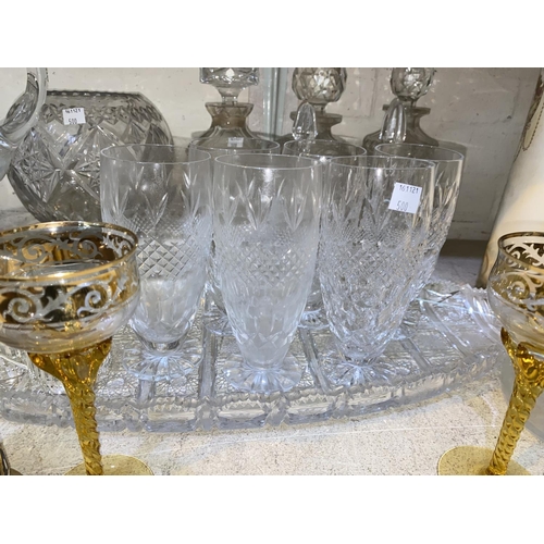 500 - A large cut glass waisted vase, 36cm (chips) and other cut glass