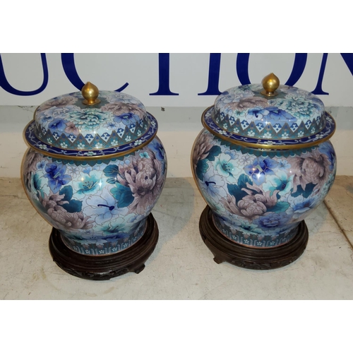 406A - A pair of Chinese cloisonné lidded vases on hardwood stands