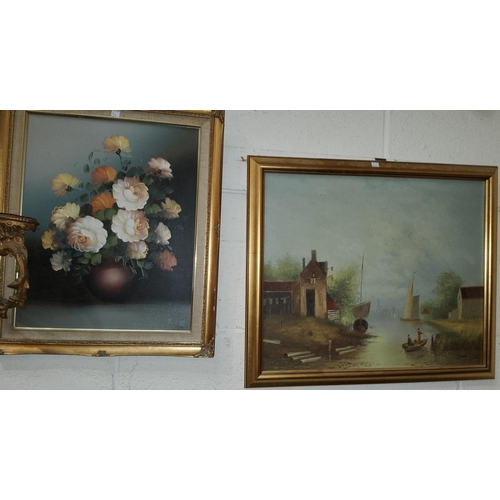 744b - A pair of small gilt framed modern oil paintings of rural scenes 14x16cm; a larger modern oil of a r... 