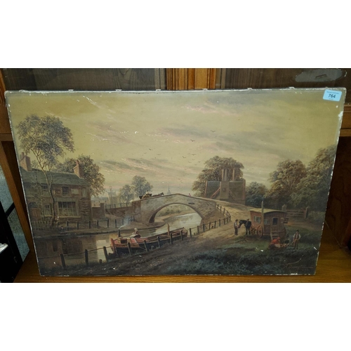 764 - Albert Dunnington: 19th century oil on canvas of a canal scene with wagon in the foreground, bridge ... 