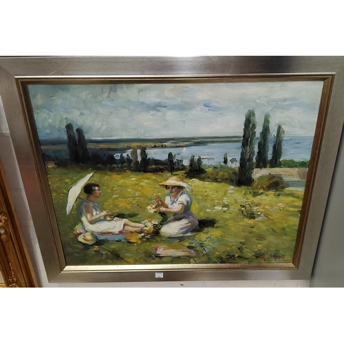 768 - R. Le Rossett: oil on canvas of two women in large flowery field, in silvered frame 44x54cm