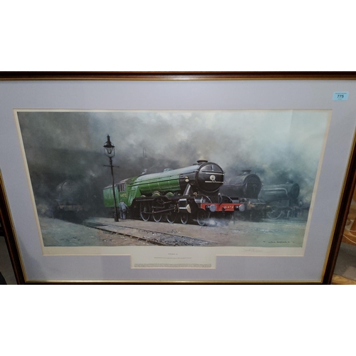 775 - After David Shepherd: 'Scotsman 34' signed and blind stamped print of train, framed and glazed 47xm ... 